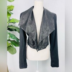 Lamarque Black Crinkle Leather Linen Drape Moto Biker Crop Snap Jacket